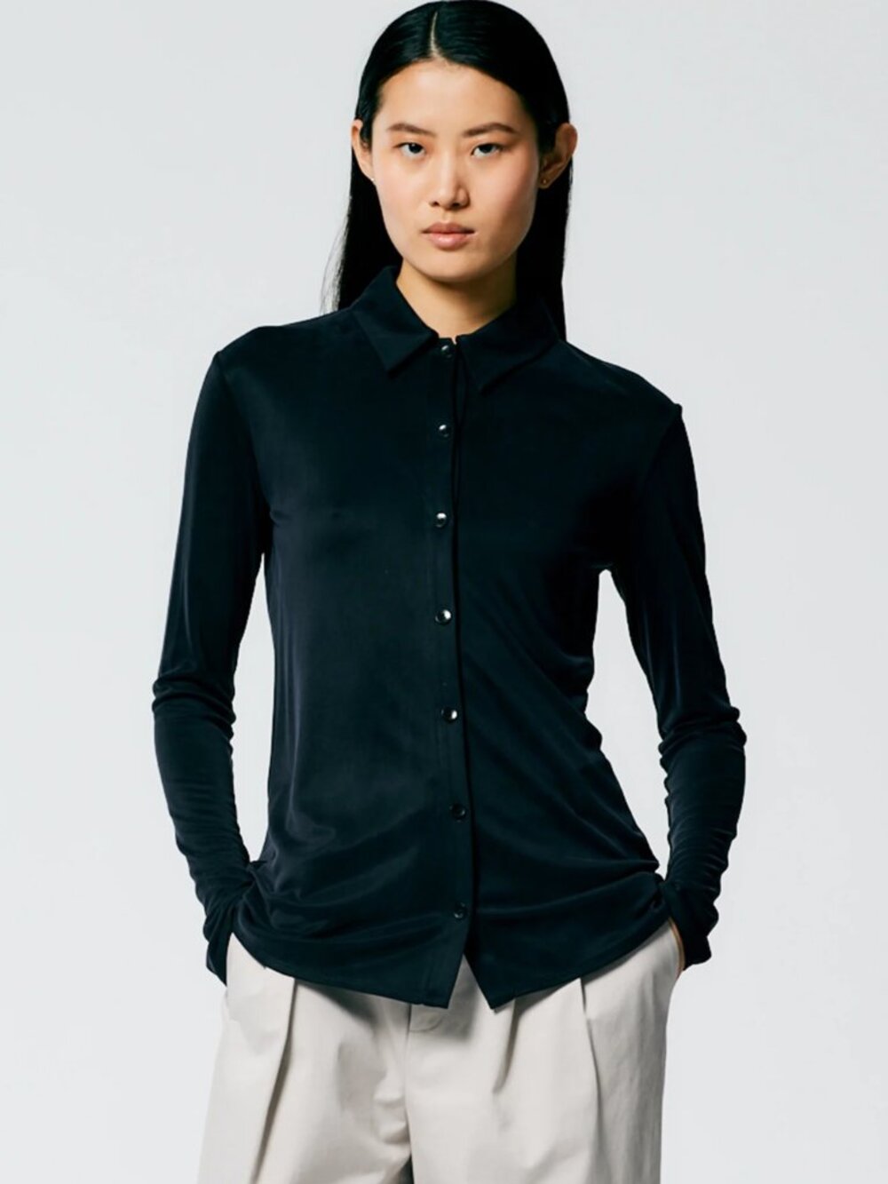 Tibi Deeba Cupro Slim Shirt in Black, size 8